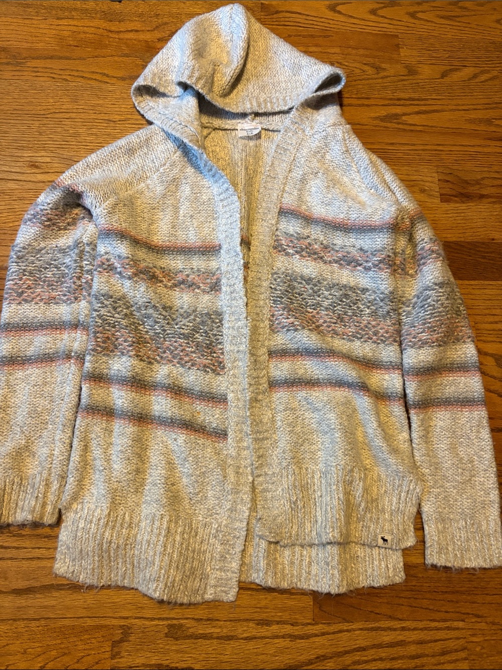 abercrombie kids Light Gray Hooded Open-Front Cardigan with Pastel Stripes